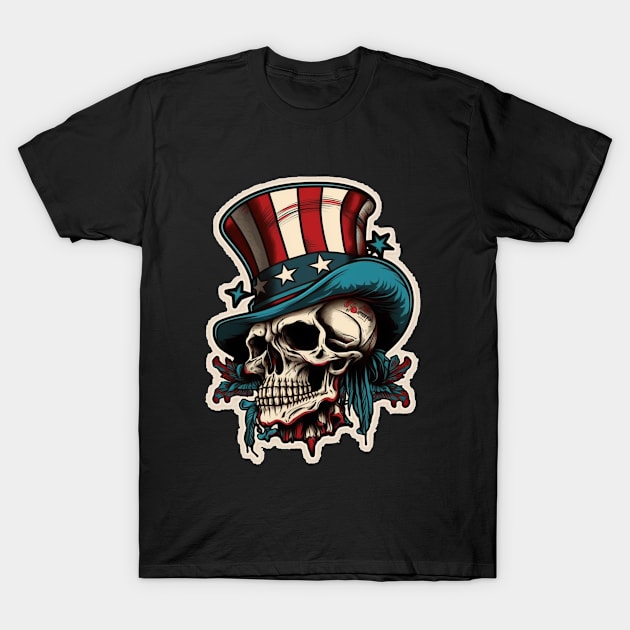 USA Proud Skull Top Hat USA Flash Tattoo Retro Flash Hipster Tattoo Patriot Old School T-Shirt by The Dirty Gringo